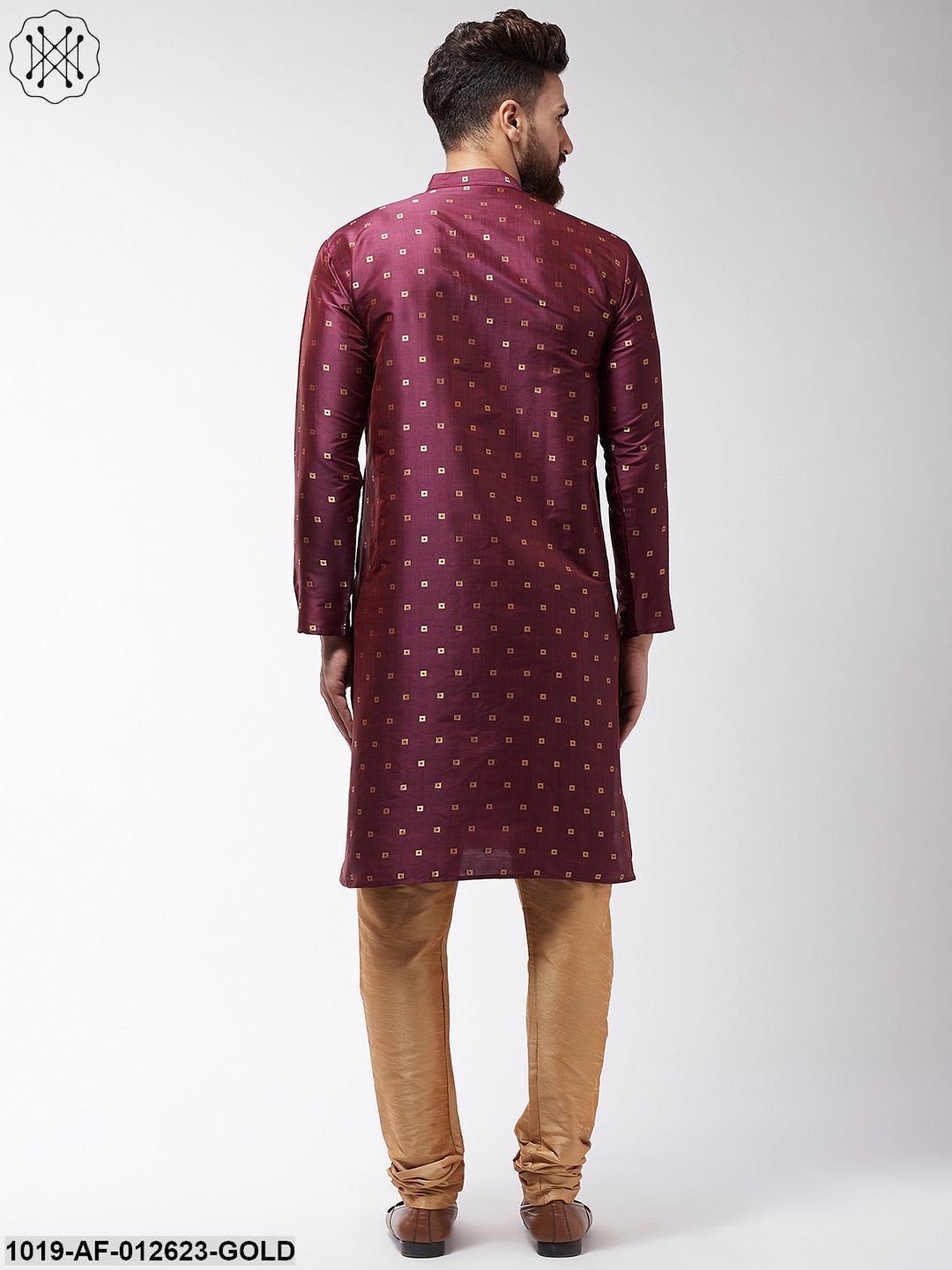 Men's Silk Blend Wine Kurta & Gold Churidar Pyjama Set