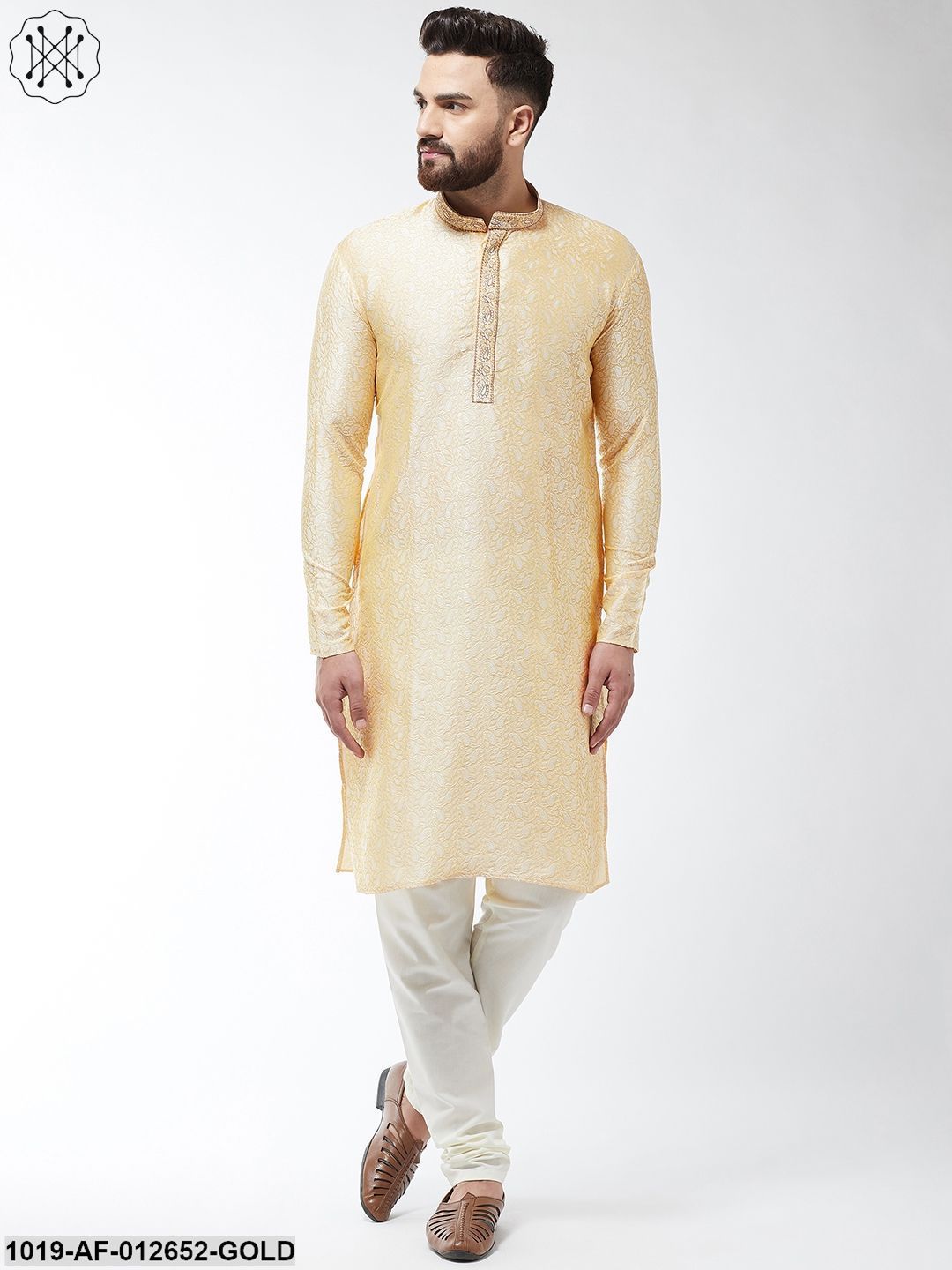 Men's Silk Blend Gold Kurta And Off White Churidar Pyjama Set