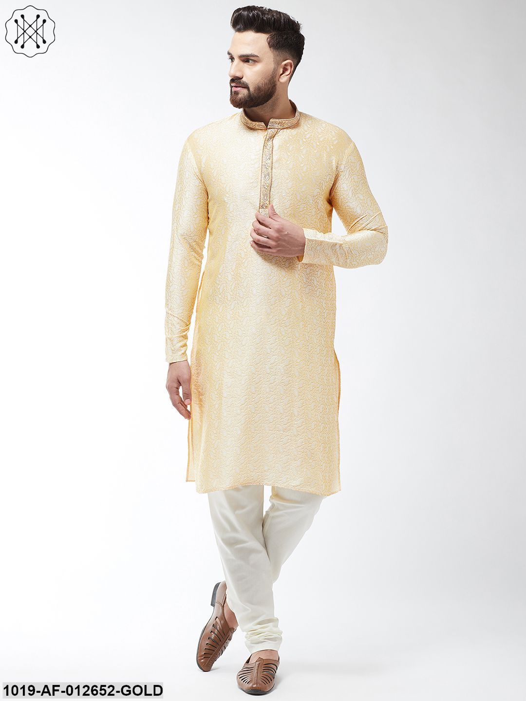 Men's Silk Blend Gold Kurta And Off White Churidar Pyjama Set