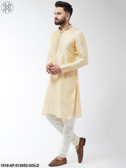 Men's Silk Blend Gold Kurta And Off White Churidar Pyjama Set