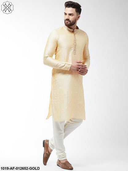 Men's Silk Blend Gold Kurta And Off White Churidar Pyjama Set