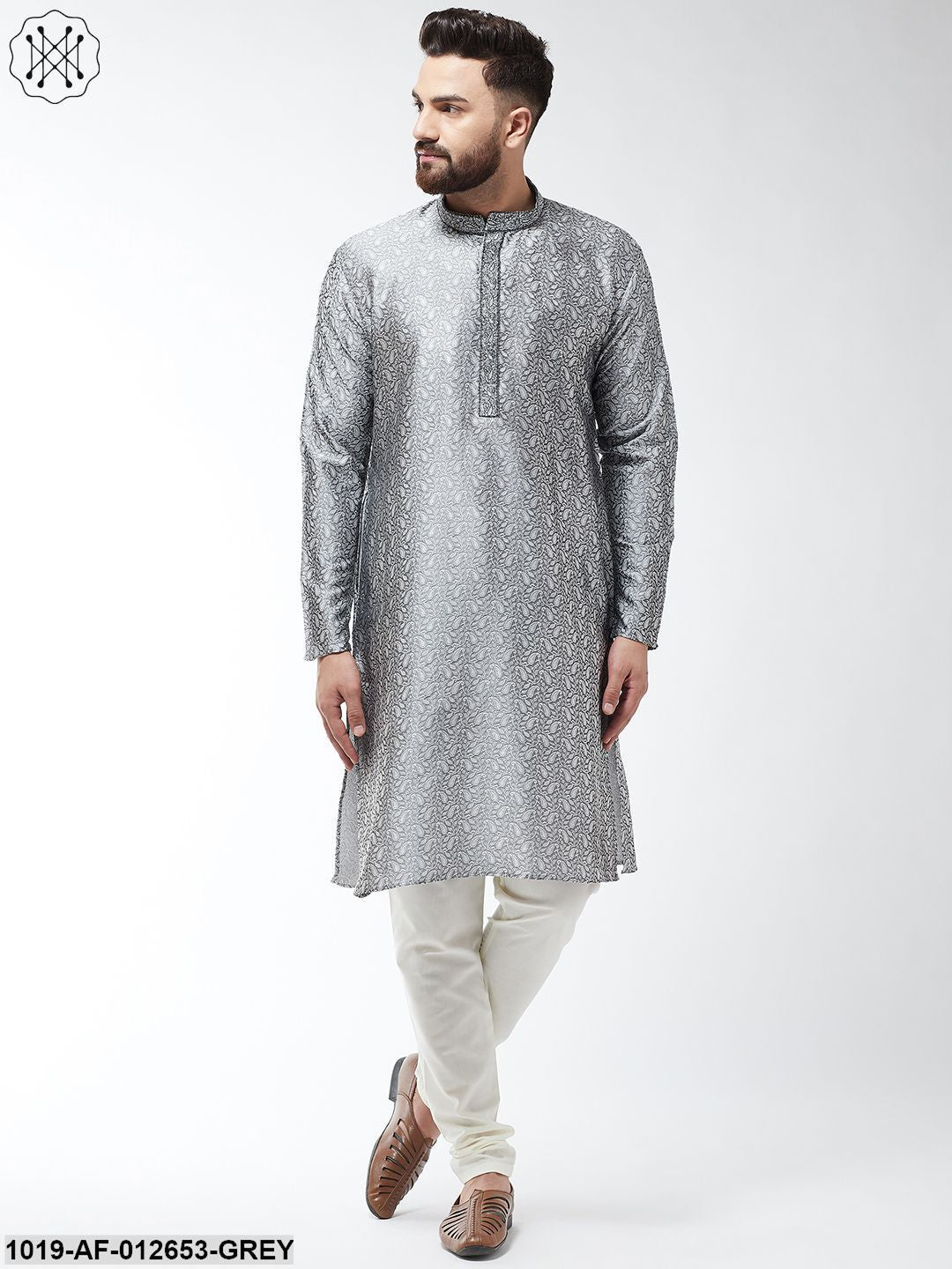 Men's Silk Blend Grey Kurta And Off White Churidar Pyjama Set