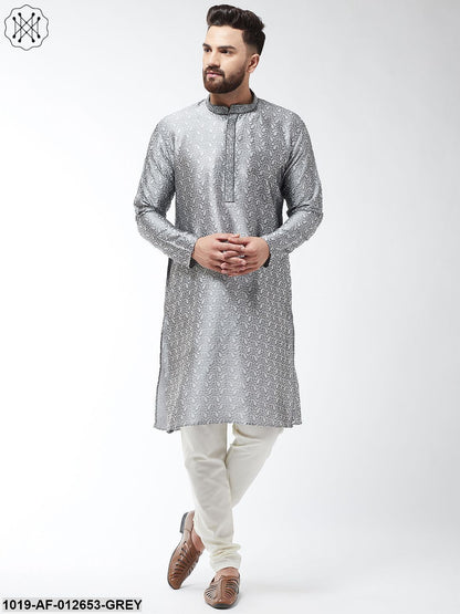 Men's Silk Blend Grey Kurta And Off White Churidar Pyjama Set