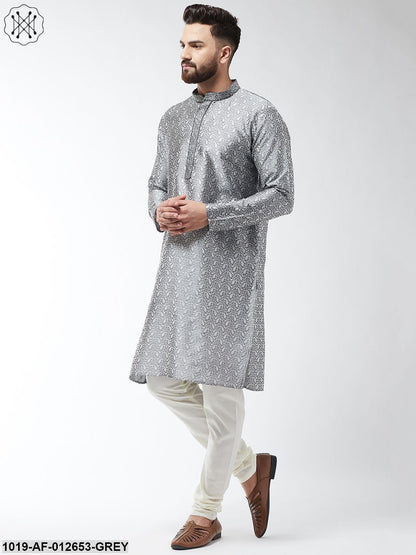 Men's Silk Blend Grey Kurta And Off White Churidar Pyjama Set