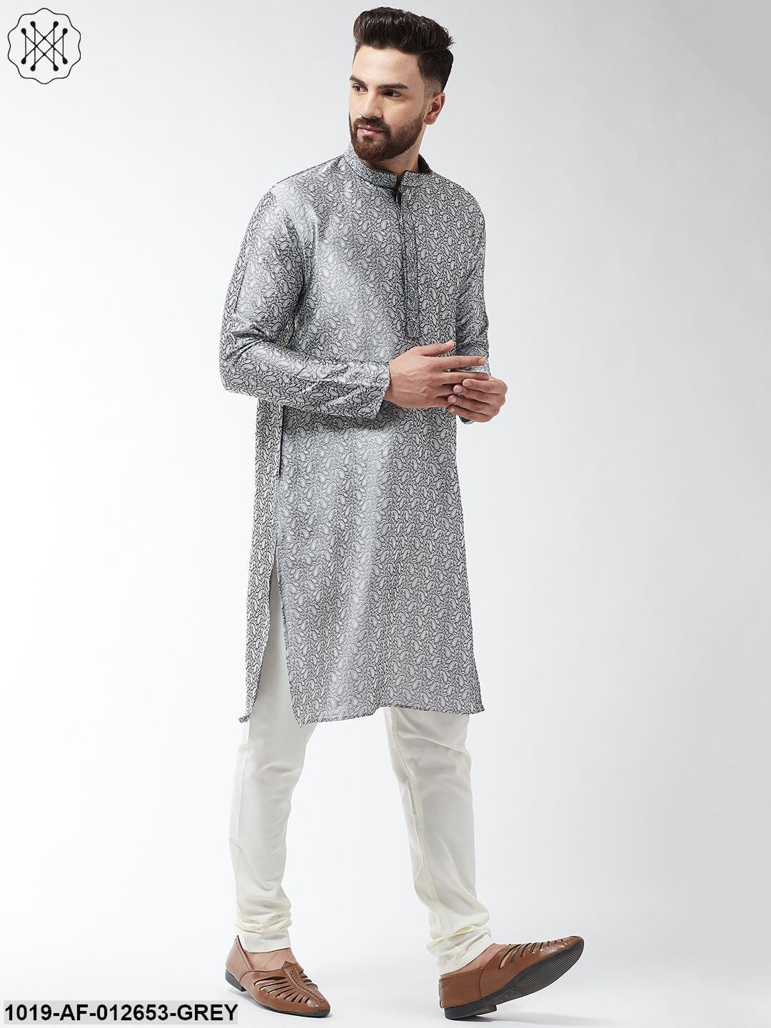 Men's Silk Blend Grey Kurta And Off White Churidar Pyjama Set