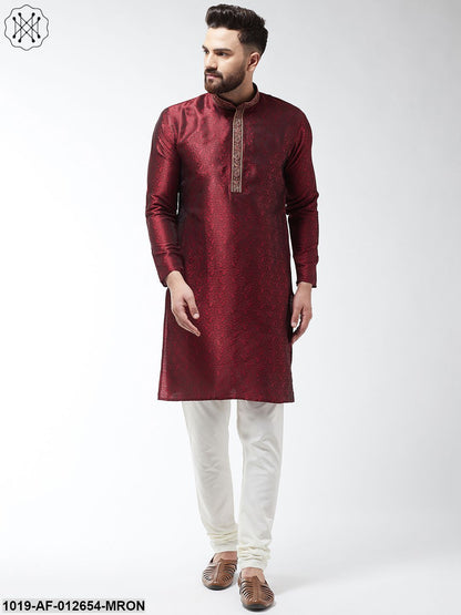 Men's Silk Blend Maroon Kurta And Off White Churidar Pyjama Set