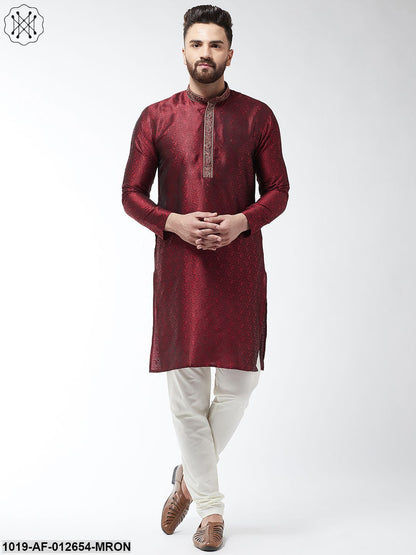 Men's Silk Blend Maroon Kurta And Off White Churidar Pyjama Set