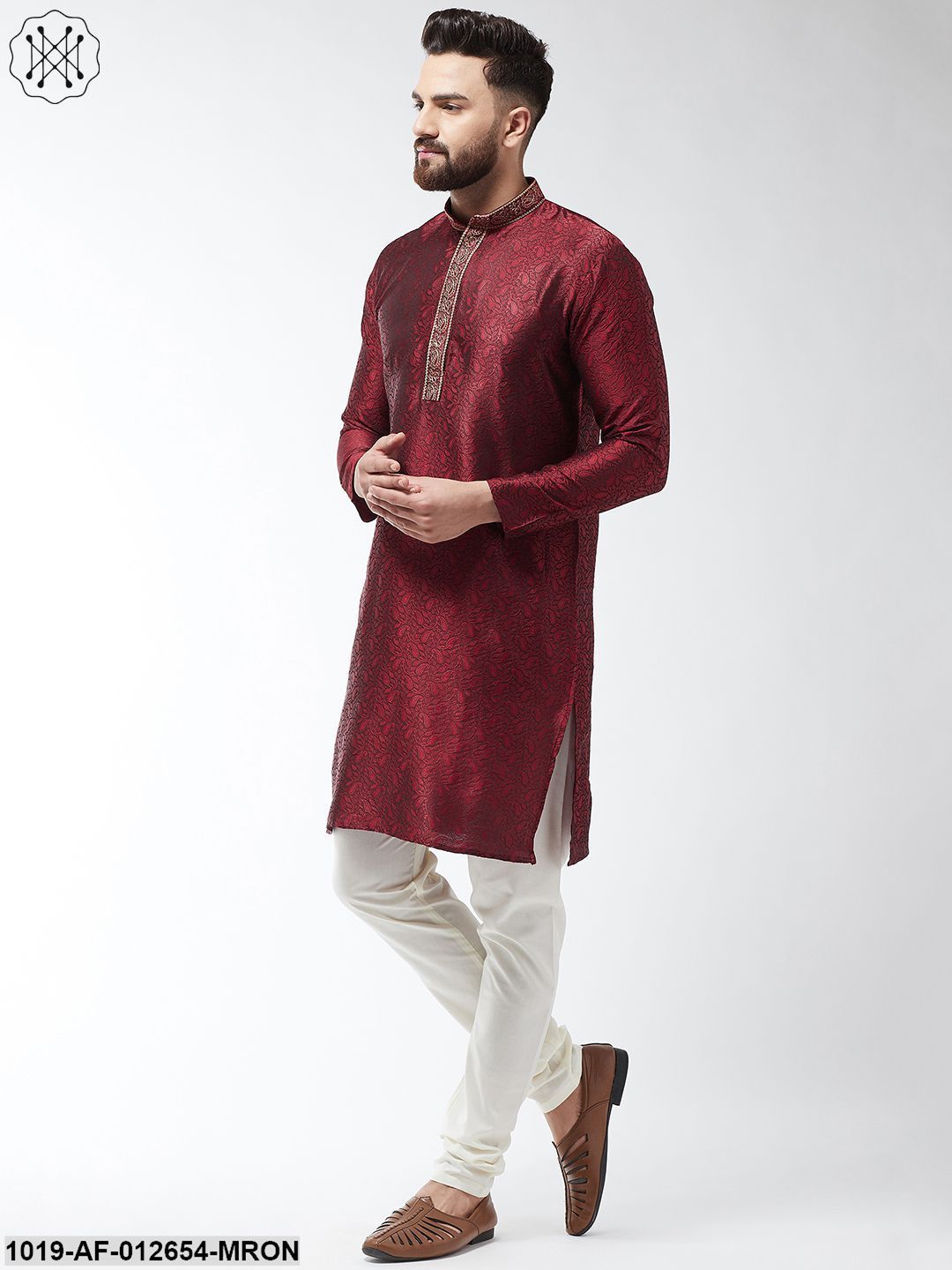 Men's Silk Blend Maroon Kurta And Off White Churidar Pyjama Set