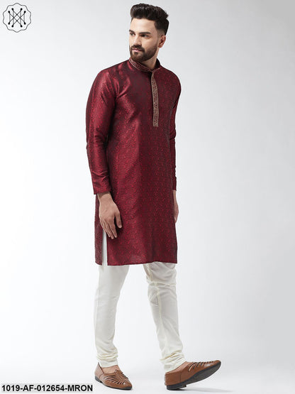 Men's Silk Blend Maroon Kurta And Off White Churidar Pyjama Set