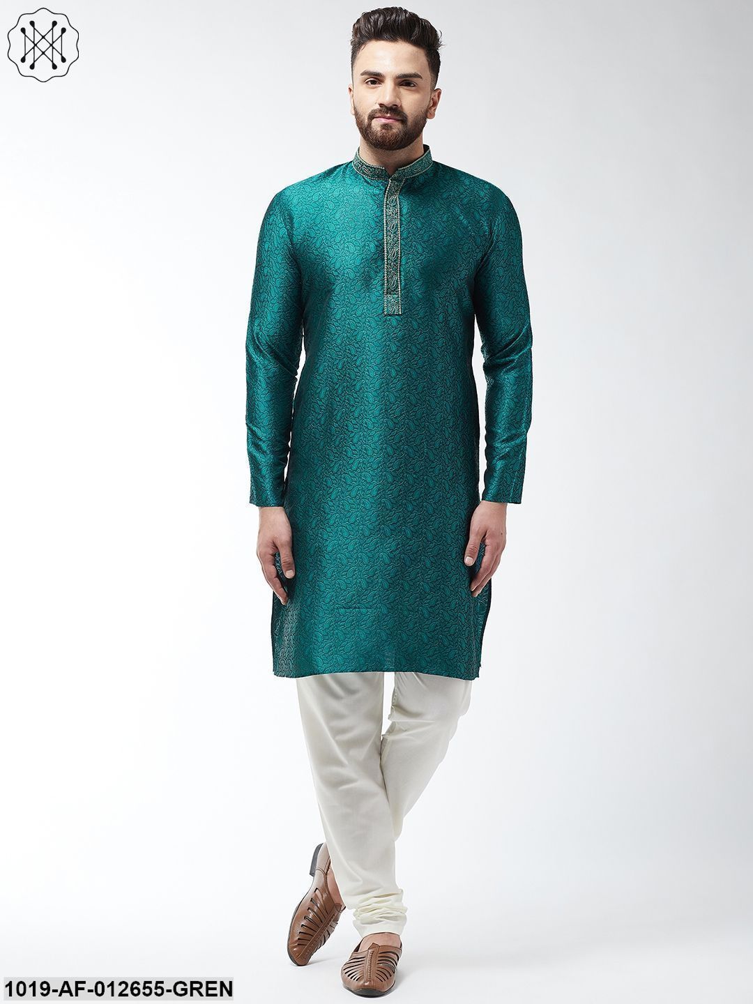 Men's Silk Blend Teal Green Kurta And Off White Churidar Pyjama Set