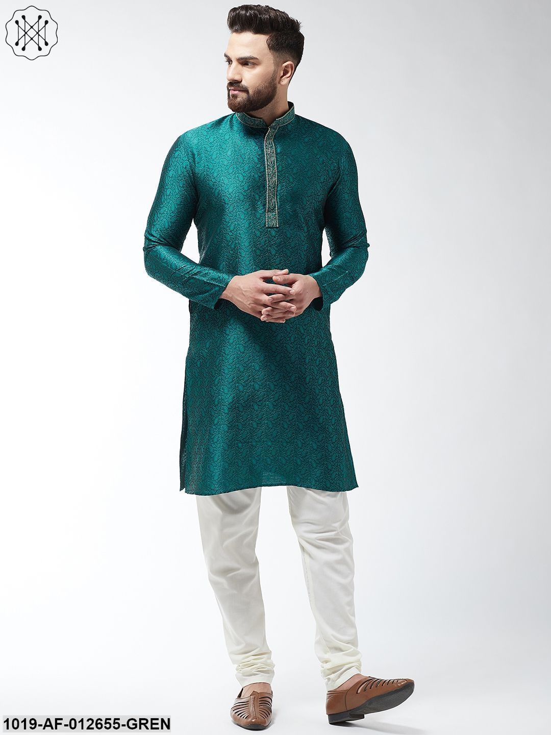 Men's Silk Blend Teal Green Kurta And Off White Churidar Pyjama Set