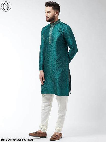 Men's Silk Blend Teal Green Kurta And Off White Churidar Pyjama Set