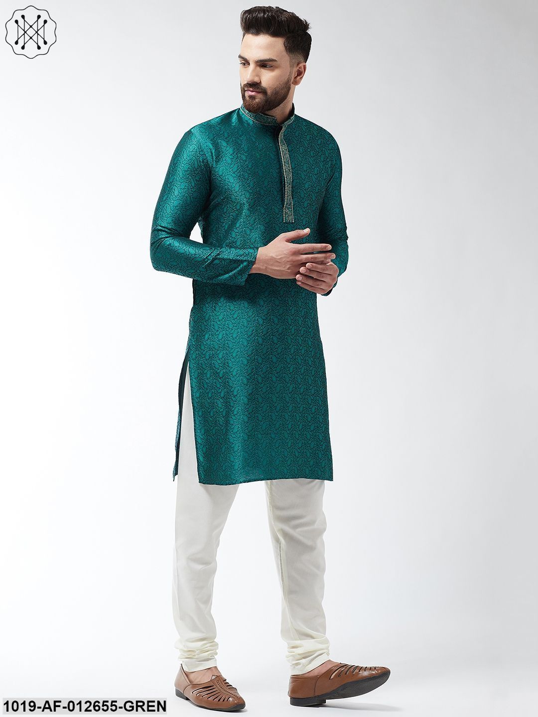 Men's Silk Blend Teal Green Kurta And Off White Churidar Pyjama Set