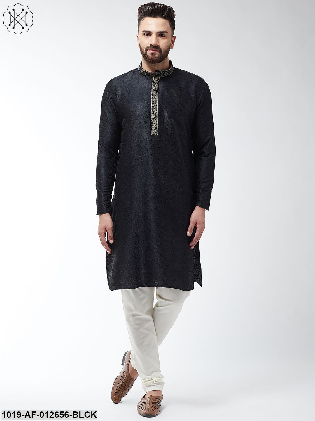 Men's Silk Blend Black Kurta And Off White Churidar Pyjama Set