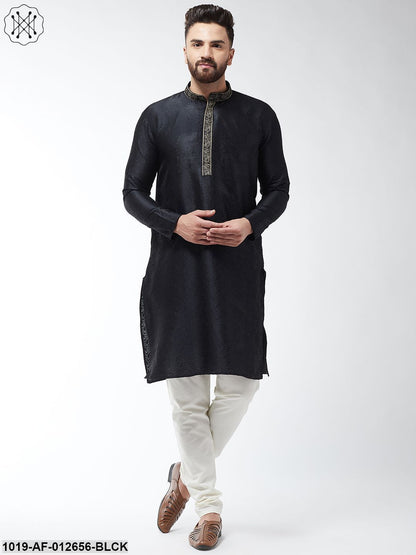 Men's Silk Blend Black Kurta And Off White Churidar Pyjama Set