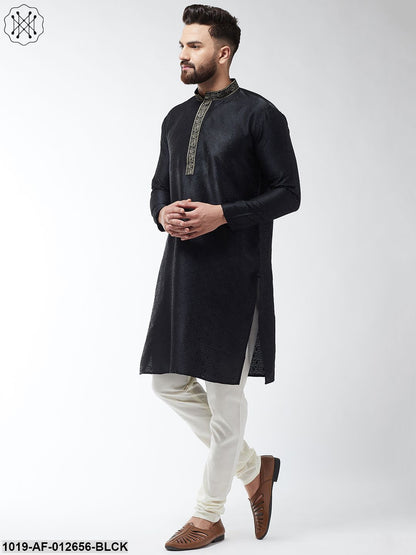 Men's Silk Blend Black Kurta And Off White Churidar Pyjama Set