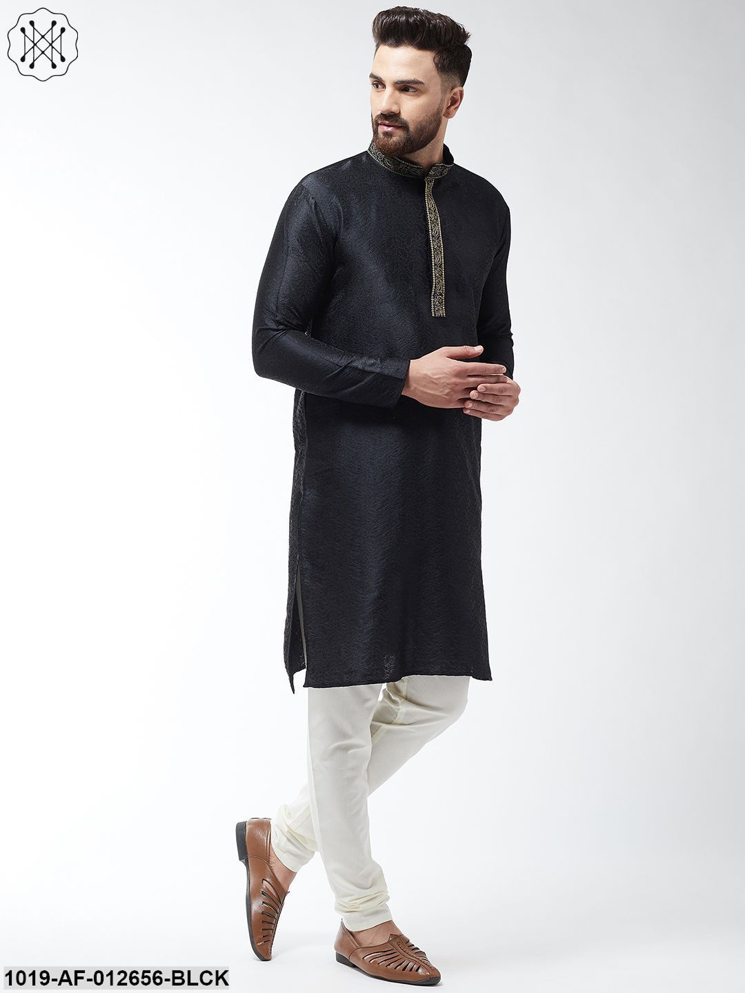 Men's Silk Blend Black Kurta And Off White Churidar Pyjama Set