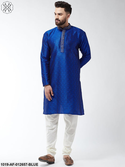 Men's Silk Blend Royal Blue Kurta And Off White Churidar Pyjama Set