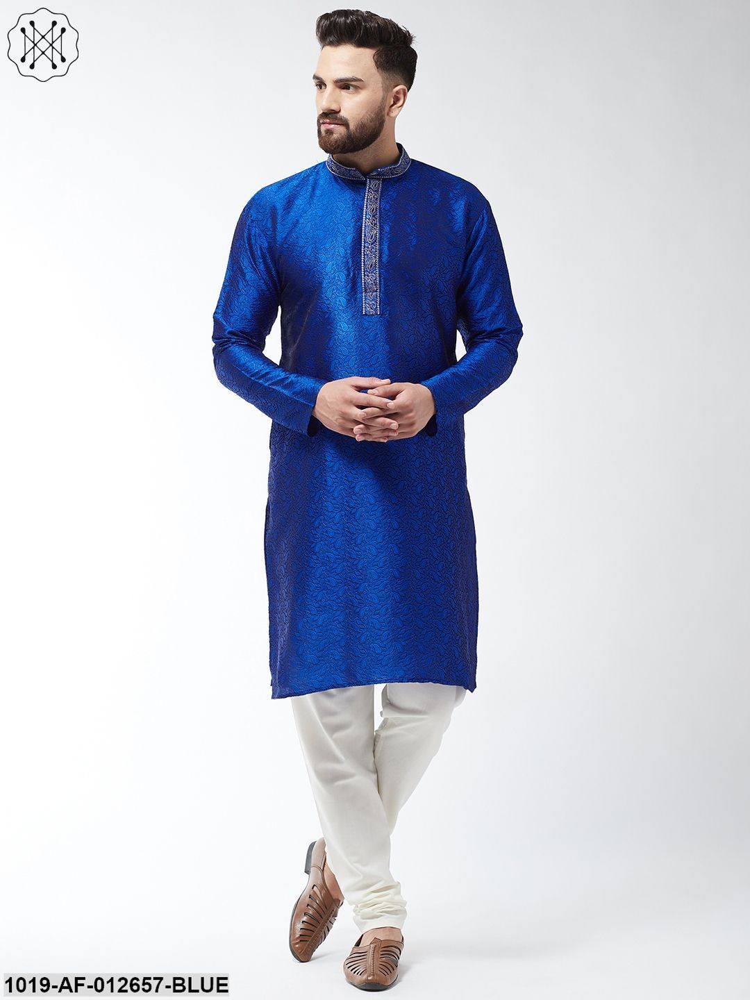 Men's Silk Blend Royal Blue Kurta And Off White Churidar Pyjama Set