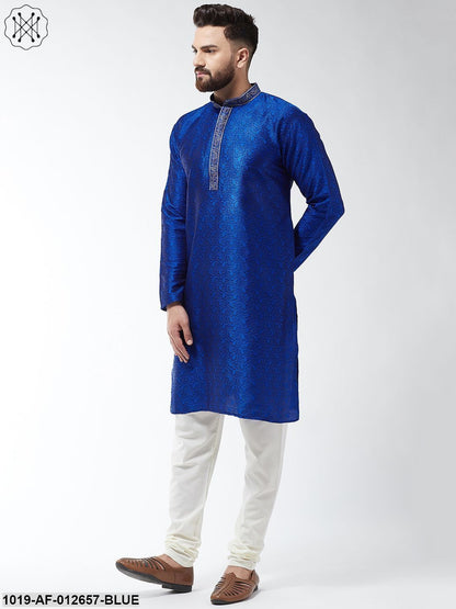 Men's Silk Blend Royal Blue Kurta And Off White Churidar Pyjama Set