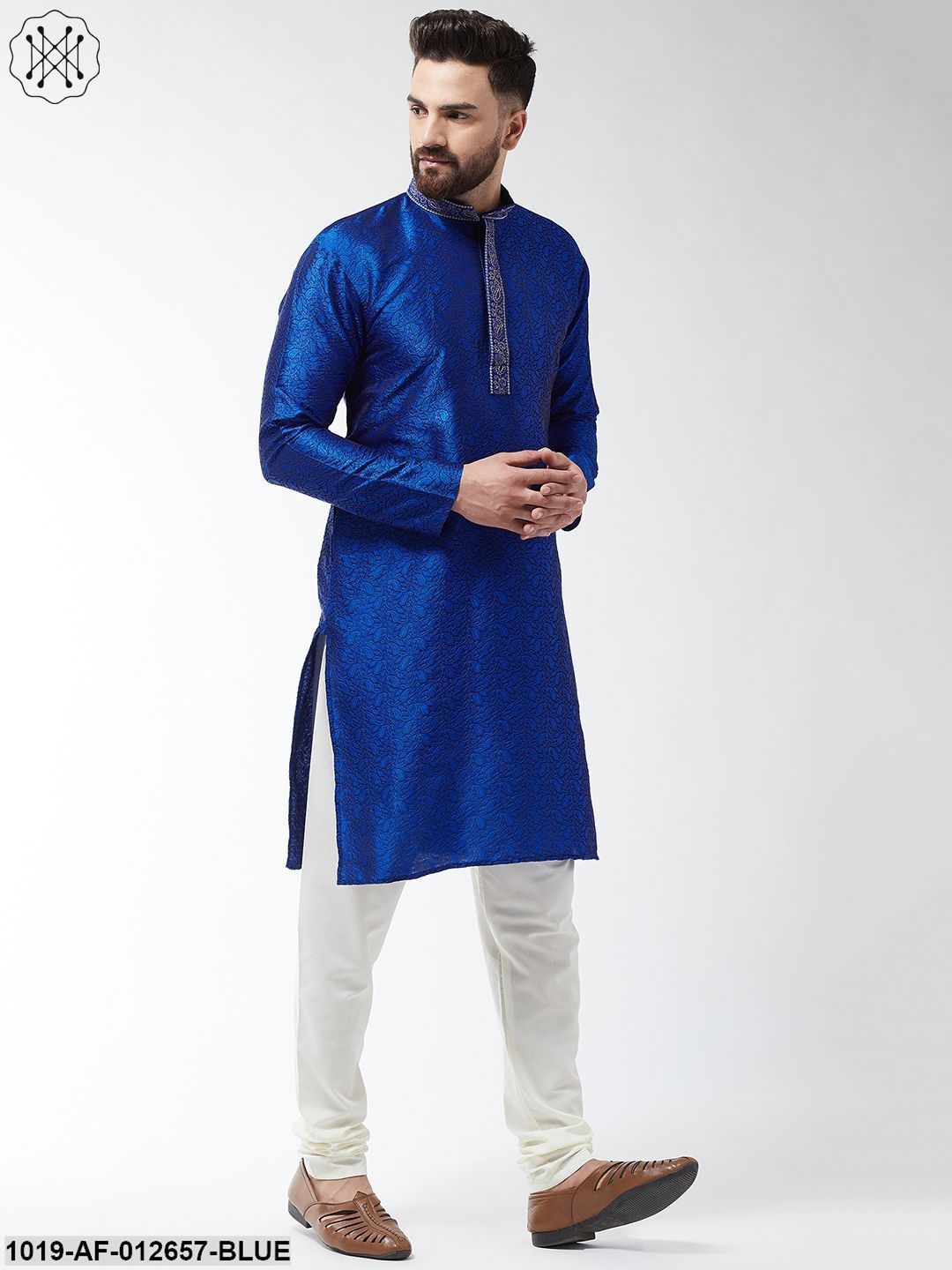 Men's Silk Blend Royal Blue Kurta And Off White Churidar Pyjama Set