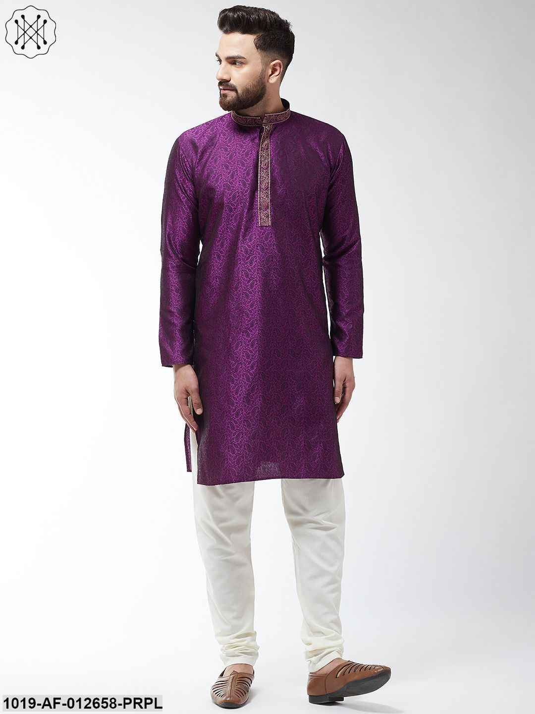 Men's Silk Blend Purple Kurta And Off White Churidar Pyjama Set