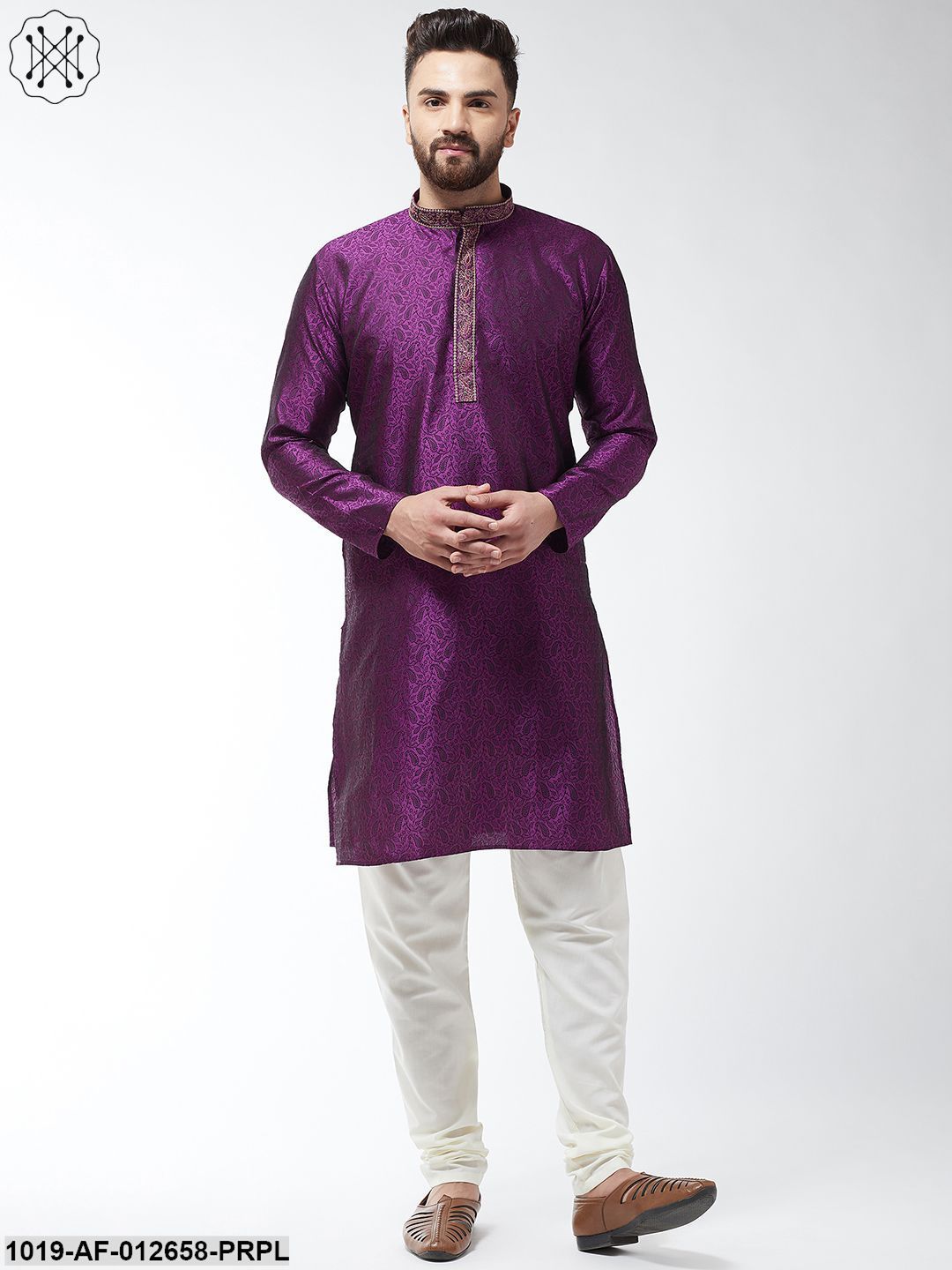 Men's Silk Blend Purple Kurta And Off White Churidar Pyjama Set