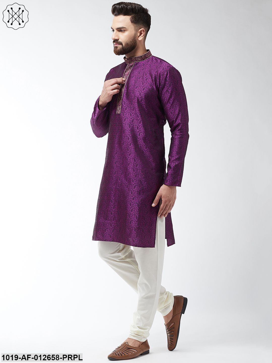 Men's Silk Blend Purple Kurta And Off White Churidar Pyjama Set