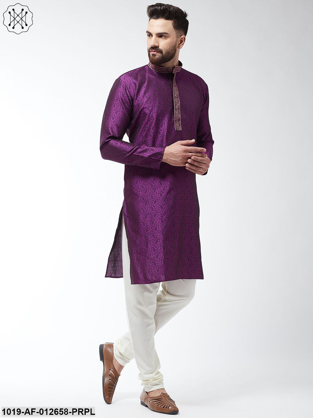 Men's Silk Blend Purple Kurta And Off White Churidar Pyjama Set