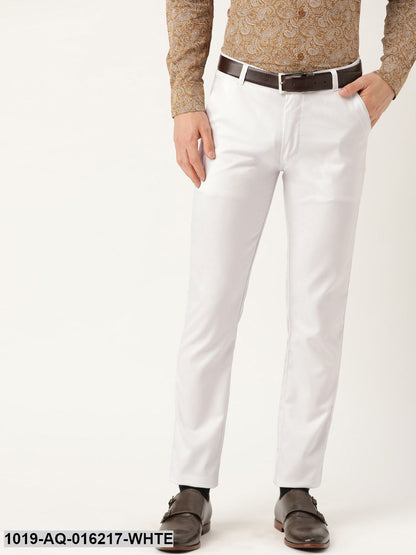 Men's Cotton Blend White Solid Formal Trousers