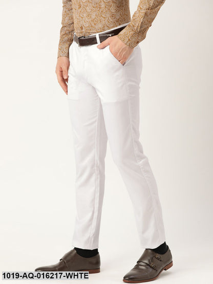 Men's Cotton Blend White Solid Formal Trousers