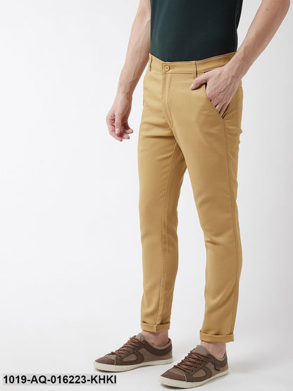 Men's Cotton Blend Khaki Woven Design Casual Trousers