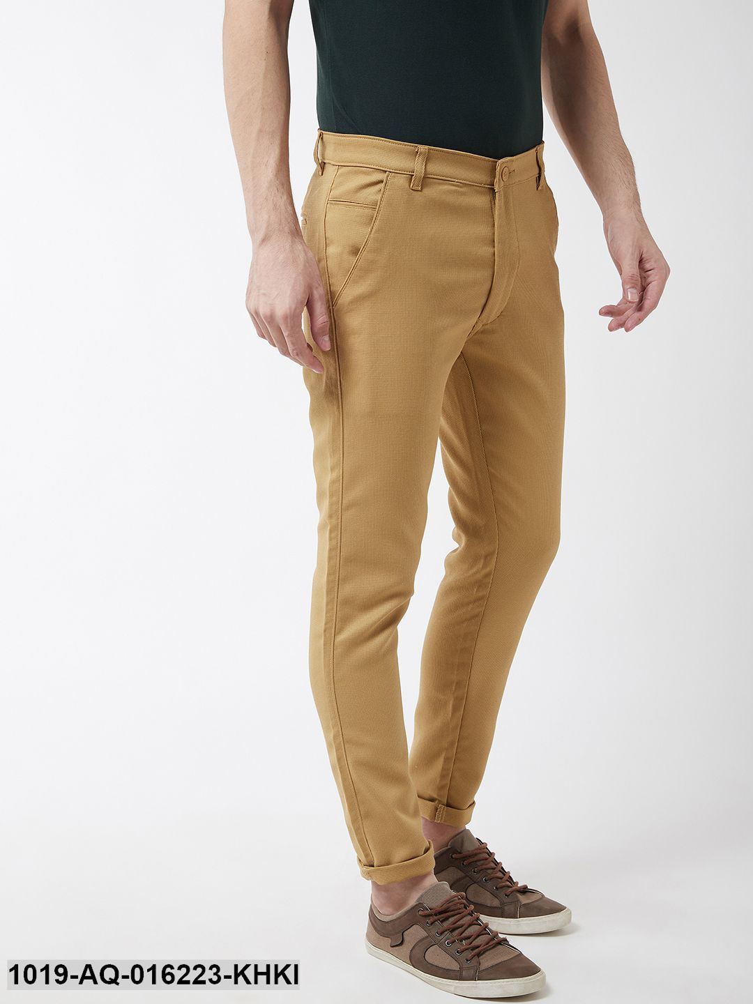 Men's Cotton Blend Khaki Woven Design Casual Trousers