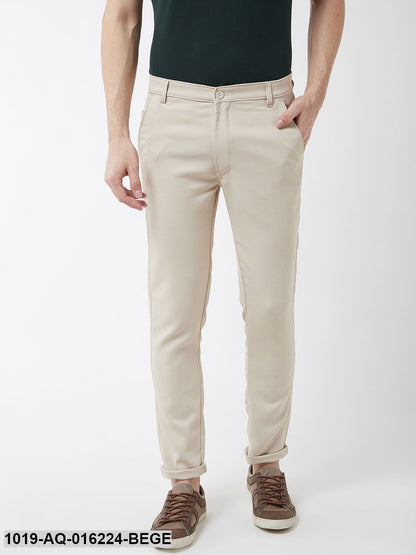 Men's Cotton Blend Beige Woven Design Casual Trousers