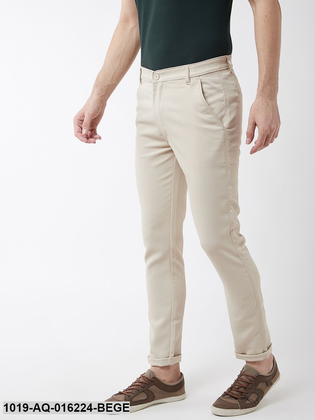 Men's Cotton Blend Beige Woven Design Casual Trousers