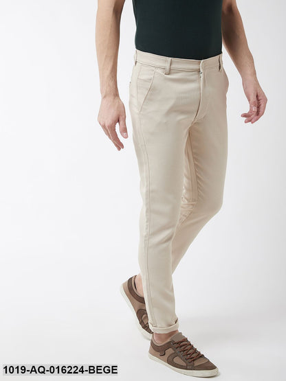 Men's Cotton Blend Beige Woven Design Casual Trousers