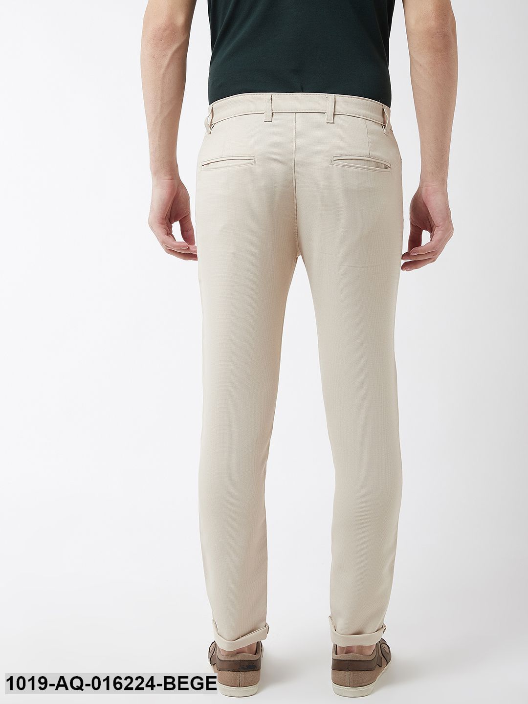 Men's Cotton Blend Beige Woven Design Casual Trousers