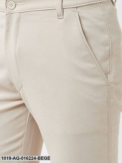 Men's Cotton Blend Beige Woven Design Casual Trousers