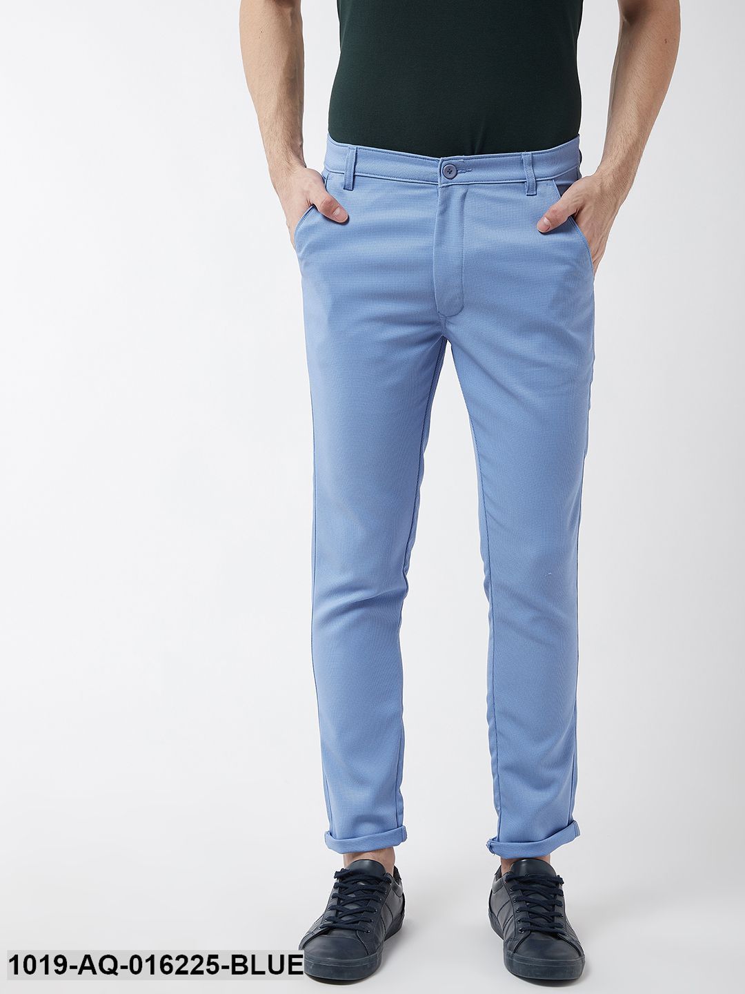 Men's Cotton Blend Blue Woven Design Casual Trousers