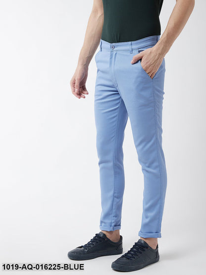 Men's Cotton Blend Blue Woven Design Casual Trousers