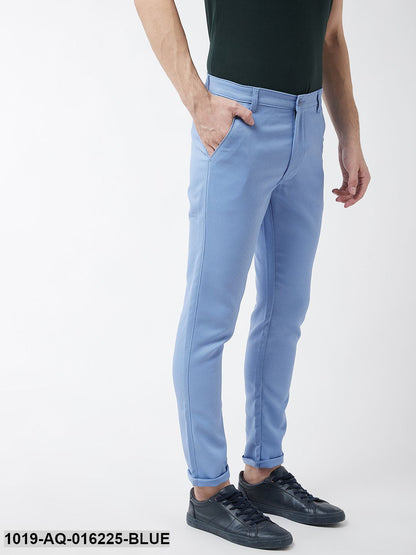 Men's Cotton Blend Blue Woven Design Casual Trousers