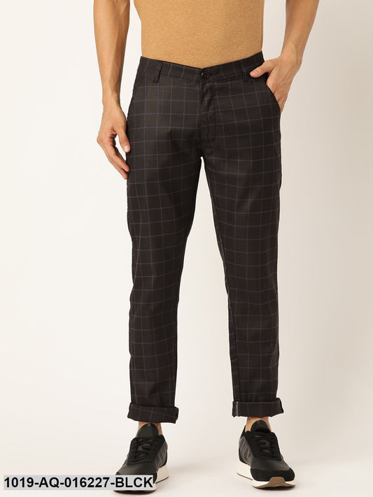 Men's Cotton Blend Black & Blue Checked Casual Trousers