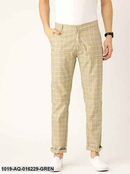 Men's Cotton Blend Dark Pista Green & Off White Checked Casual Trousers