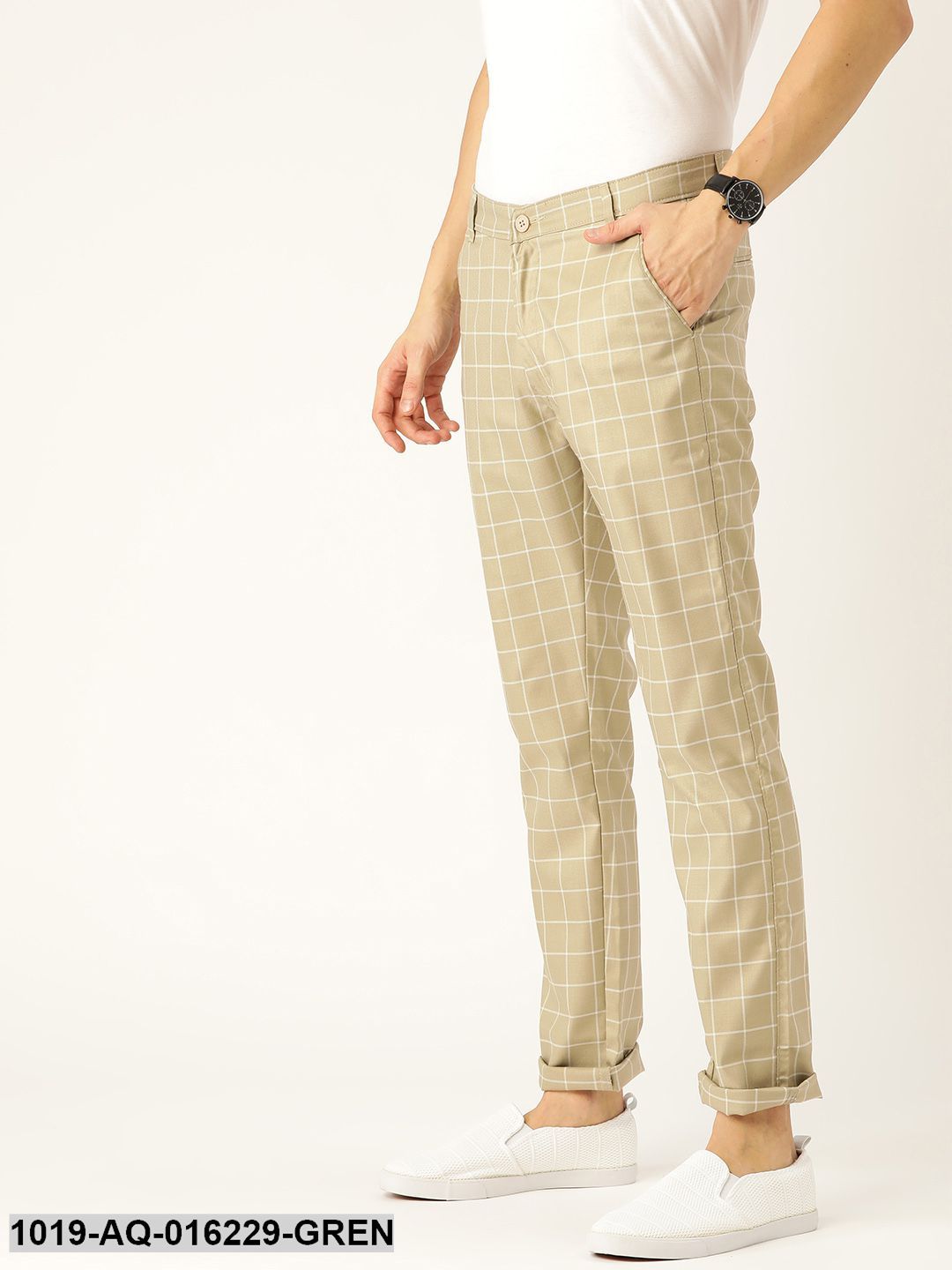 Men's Cotton Blend Dark Pista Green & Off White Checked Casual Trousers