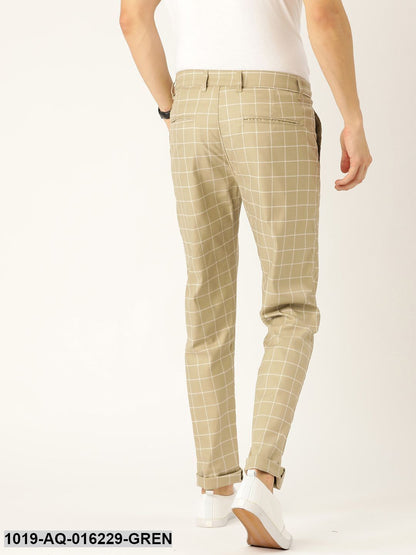 Men's Cotton Blend Dark Pista Green & Off White Checked Casual Trousers