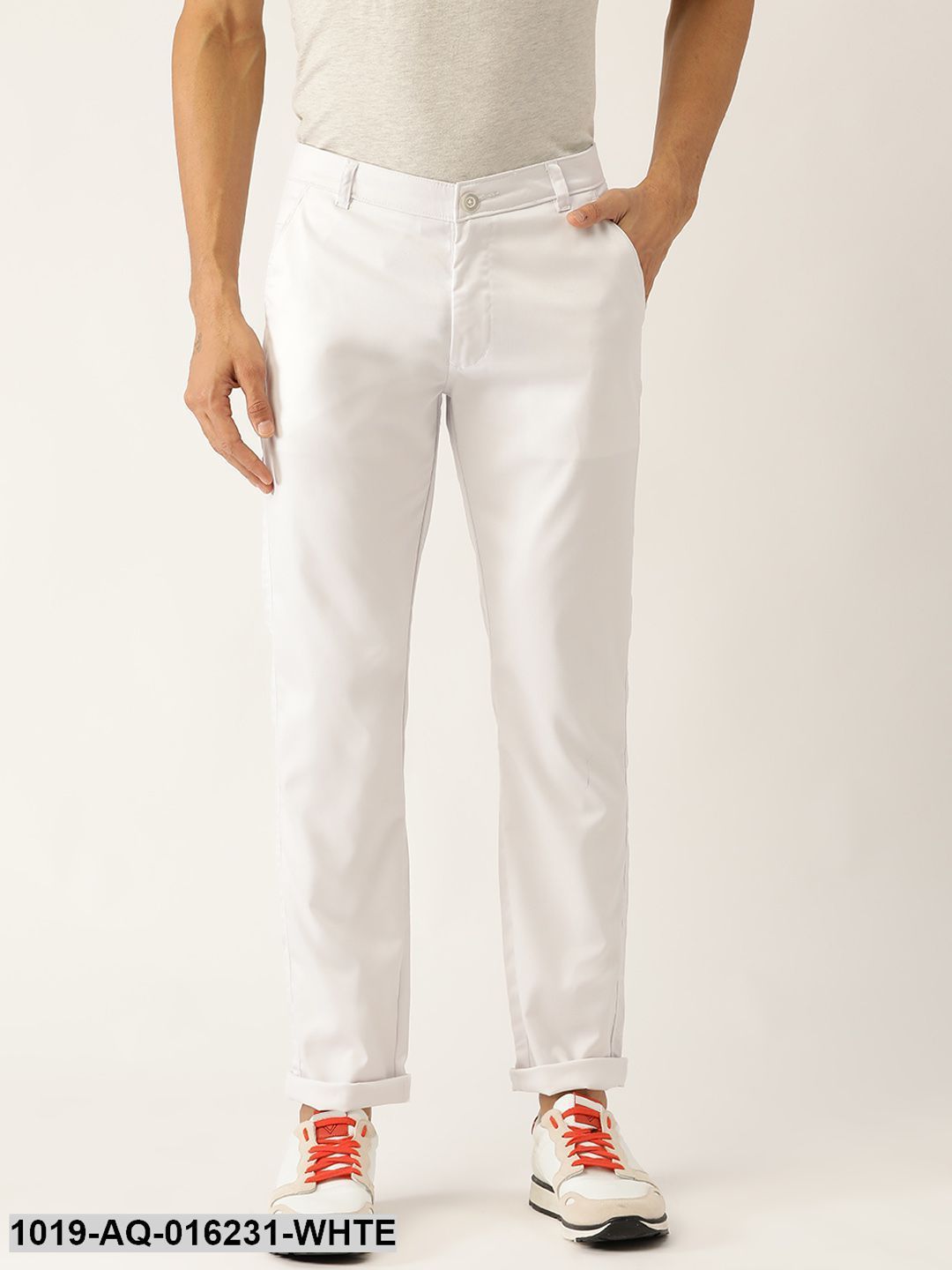 Men's Cotton Blend White Solid Casual Trousers