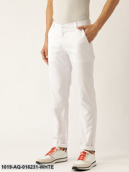 Men's Cotton Blend White Solid Casual Trousers