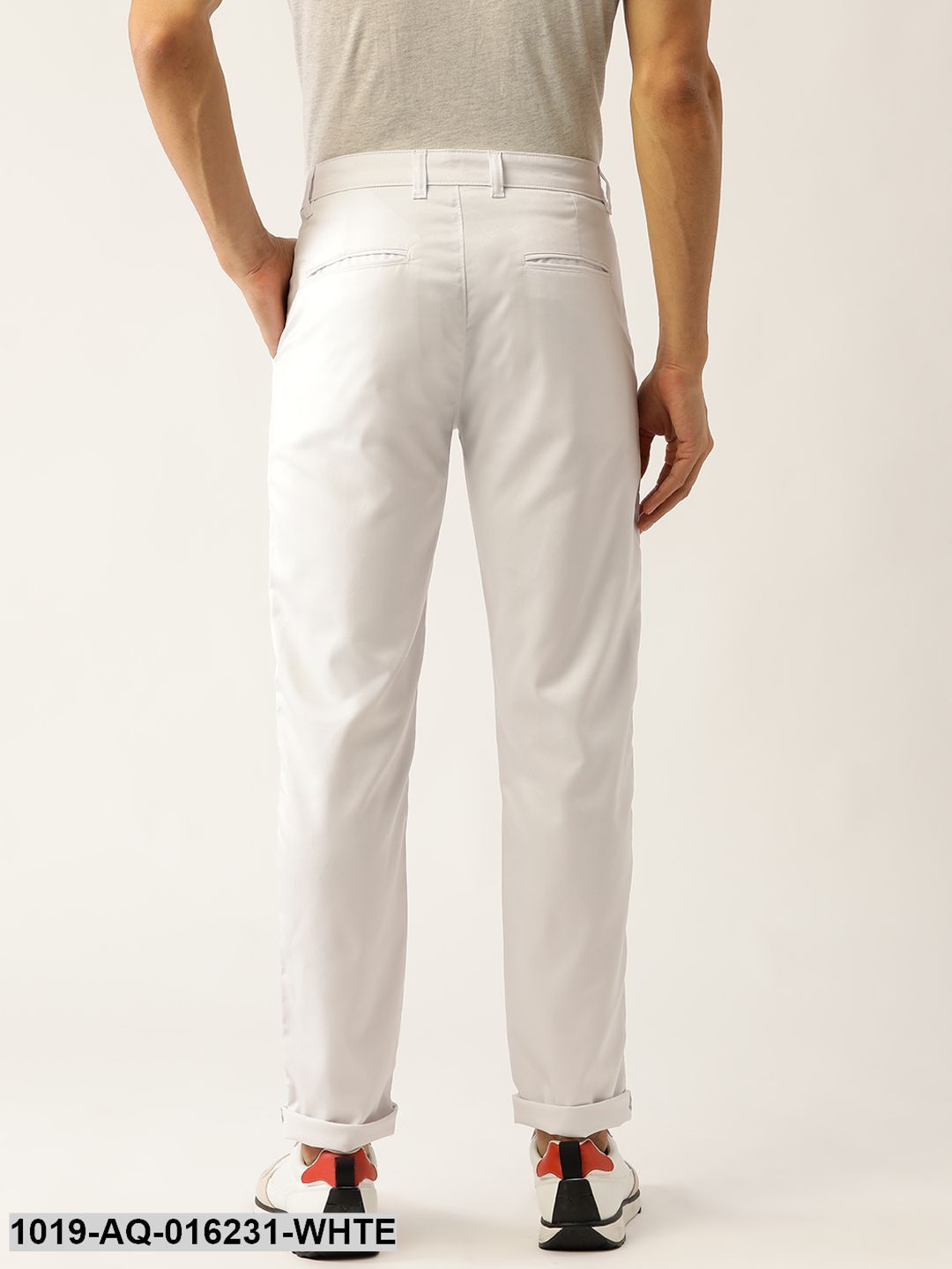 Men's Cotton Blend White Solid Casual Trousers