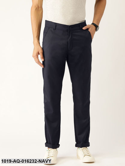 Men's Cotton Blend Dark Navy Blue Solid Casual Trousers