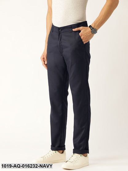 Men's Cotton Blend Dark Navy Blue Solid Casual Trousers